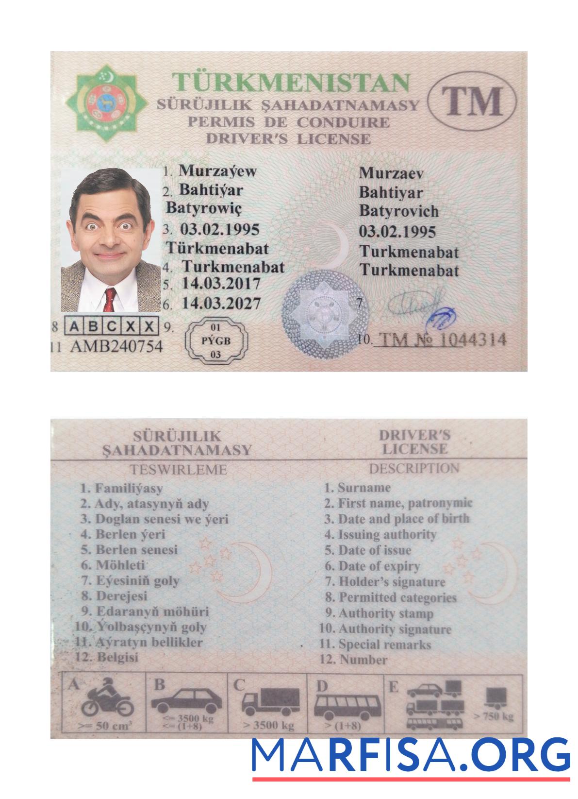 Blank Turkmenistan driving license real example